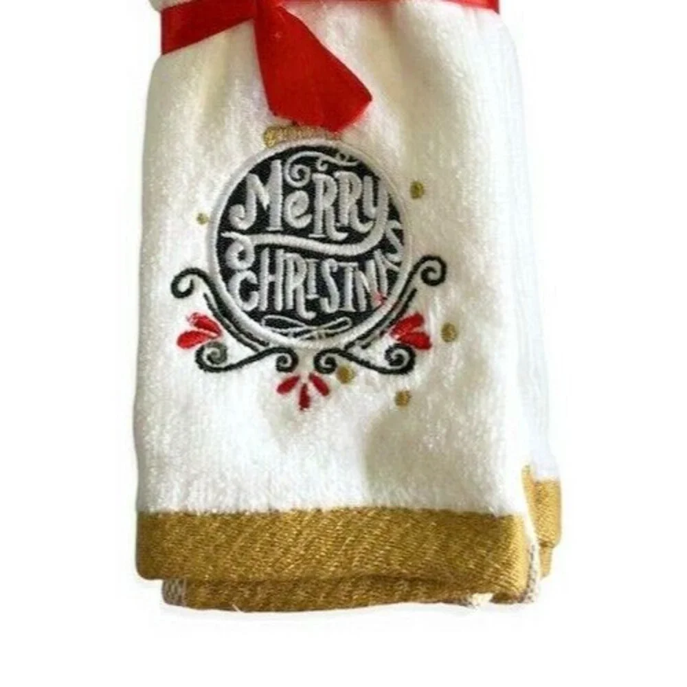 Merry Christmas Fingertip Towels Embroidered Ornament White Gold Set of 2